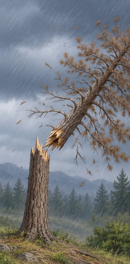 イメージ図3:風雨のなかで幹の途中から折れ、上部が落ちていく様子