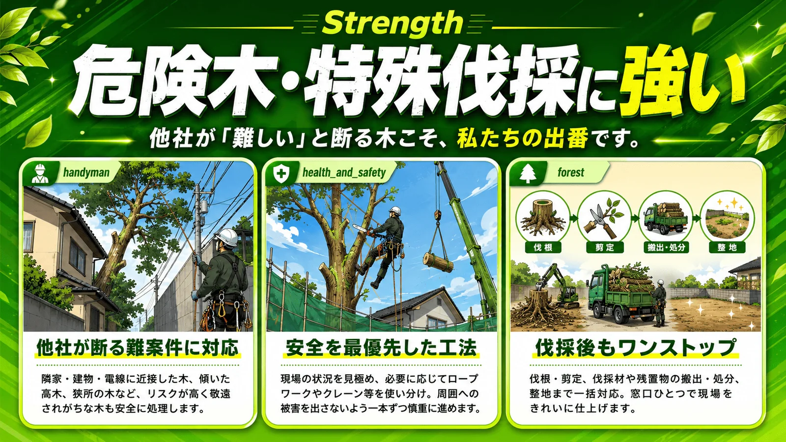危険木・特殊伐採に強い｜電線・建物・狭所近くの難案件に対応、ロープワークやクレーンを使い分けた安全第一の工法、伐根・剪定・搬出・処分・整地まで一括対応｜岡山伐採センター